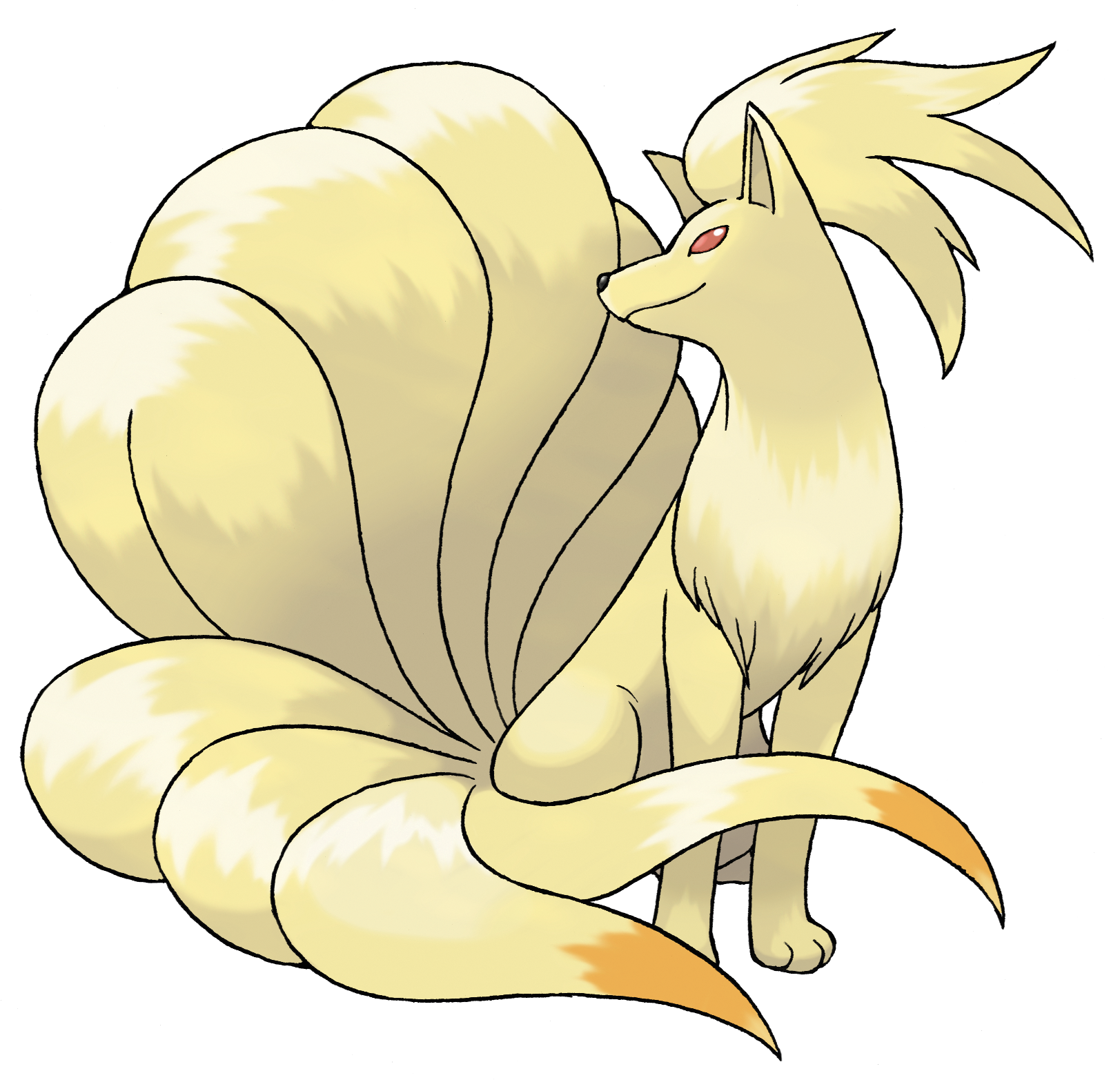 animal_focus closed_mouth fox full_body gen_1_pokemon highres multiple_tails ninetales nintendo no_humans official_art pokemon pokemon_(creature) pokemon_focus pokemon_frlg red_eyes smile solo sugimori_ken tail third-party_source transparent_background