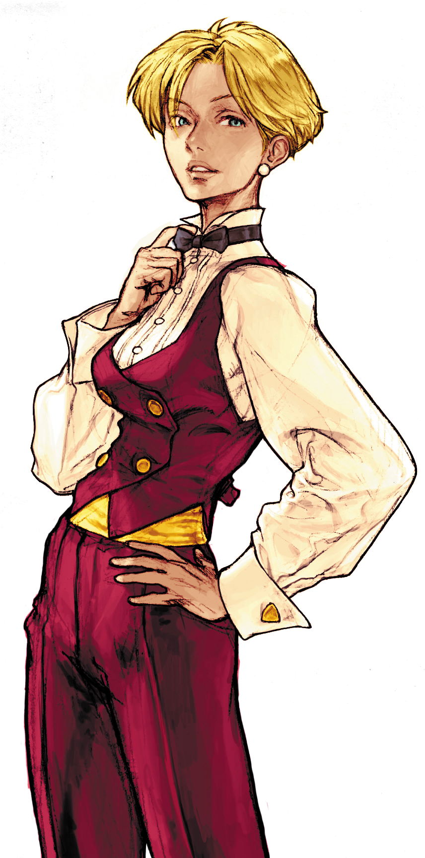 1girl adjusting_collar black_bow black_bowtie blonde_hair bow bowtie capcom_vs_snk_2 collared_shirt cuff_links dress_shirt earrings game_cg hand_on_own_hip highres jewelry king_(snk) long_sleeves looking_to_the_side nishimura_kinu non-web_source official_art pants reverse_trap ryuuko_no_ken sash shirt short_hair snk solo the_king_of_fighters vest white_shirt yellow_sash