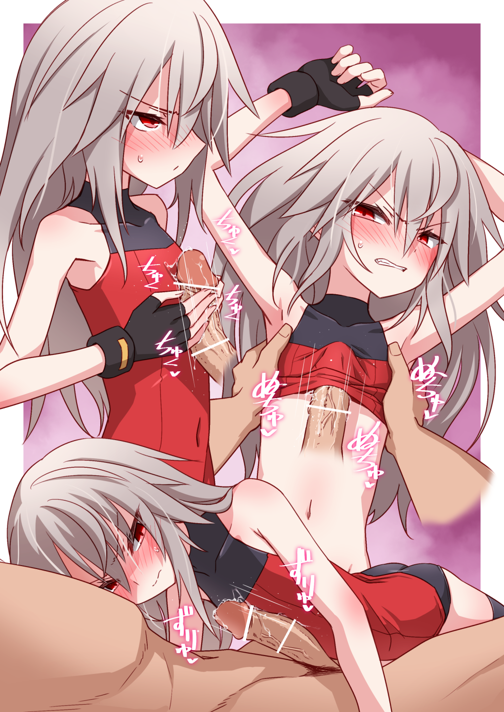 1boy 1girl arms_up bar_censor bare_shoulders black_gloves blush border censored clenched_teeth clothed_female_nude_male commentary_request disembodied_penis elena_trafalgar fingerless_gloves flat_chest frown gloves grey_hair heart hetero highres ikune_juugo long_hair motion_lines multiple_views naizuri nude original paid_reward_available paizuri paizuri_over_clothes paizuri_under_clothes penis pink_background red_eyes sound_effects sweatdrop teeth v-shaped_eyebrows variant_set