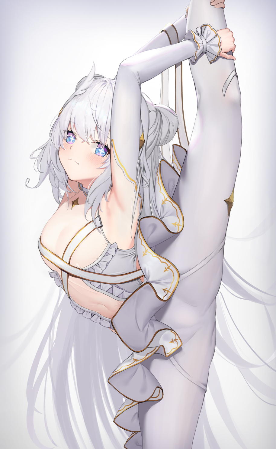 +_+ 1girl arm_garter armpits azur_lane bird blush breasts cameltoe chick clothing_cutout double_bun dress frown hair_bun hair_ornament highres le_malin_(azur_lane) le_malin_(muse)_(azur_lane) leg_up long_hair official_alternate_costume pantyhose see-through_clothes silver_hair small_breasts solaris_(sinhyg) solo split standing standing_on_one_leg standing_split stomach tutu very_long_hair white_dress wing_hair_ornament