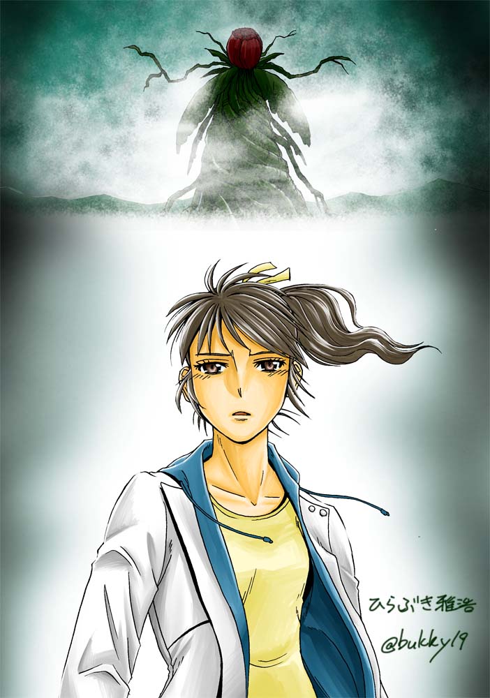 1girl biollante flower fog giant giant_monster godzilla_(series) godzilla_vs._biollante hirabuki_masahiro kaiju lake lake_ashi lake_monster monster plant real_world_location rose saegusa_miki_(godzilla) toho