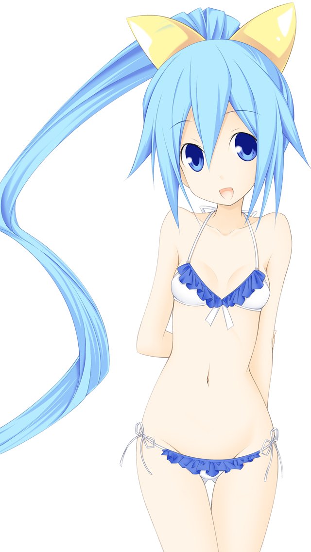 1girl arms_behind_back bikini blue_eyes blue_hair bow breasts choujigen_taisen_neptune_vs_sega_hard_girls collarbone compile_heart cowboy_shot frilled_bikini frills front-tie_top hair_bow hair_ornament hair_ribbon hand_on_own_arm idea_factory long_hair matching_hair/eyes neptune_(series) ribbon sega sega_hard_girls sega_hatsumi side-tie_bikini_bottom simple_background small_breasts smile solo swimsuit tapioka_(coconuts) very_long_hair white_background