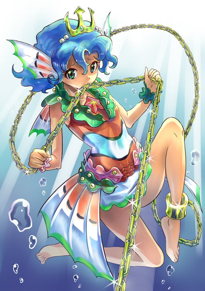 1girl bad_id bad_pixiv_id barefoot blue_hair chain convenient_censoring dress fins green_eyes princess_royale short_dress short_hair underwater washi_no_tosaka