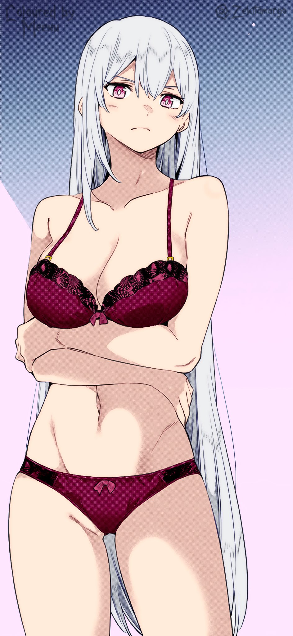 1girl bare_shoulders blush bow bow_panties bra breasts cleavage closed_mouth collarbone colorized cropped crossed_arms dot_nose female_focus highres large_breasts legs long_hair looking_at_viewer manga_page mato_seihei_no_slave midriff navel official_art panties pink_eyes red_bra red_panties sleeveless solo solo_focus stomach takemura_youhei thighs underwear underwear_only uzen_kyouka very_long_hair white_hair