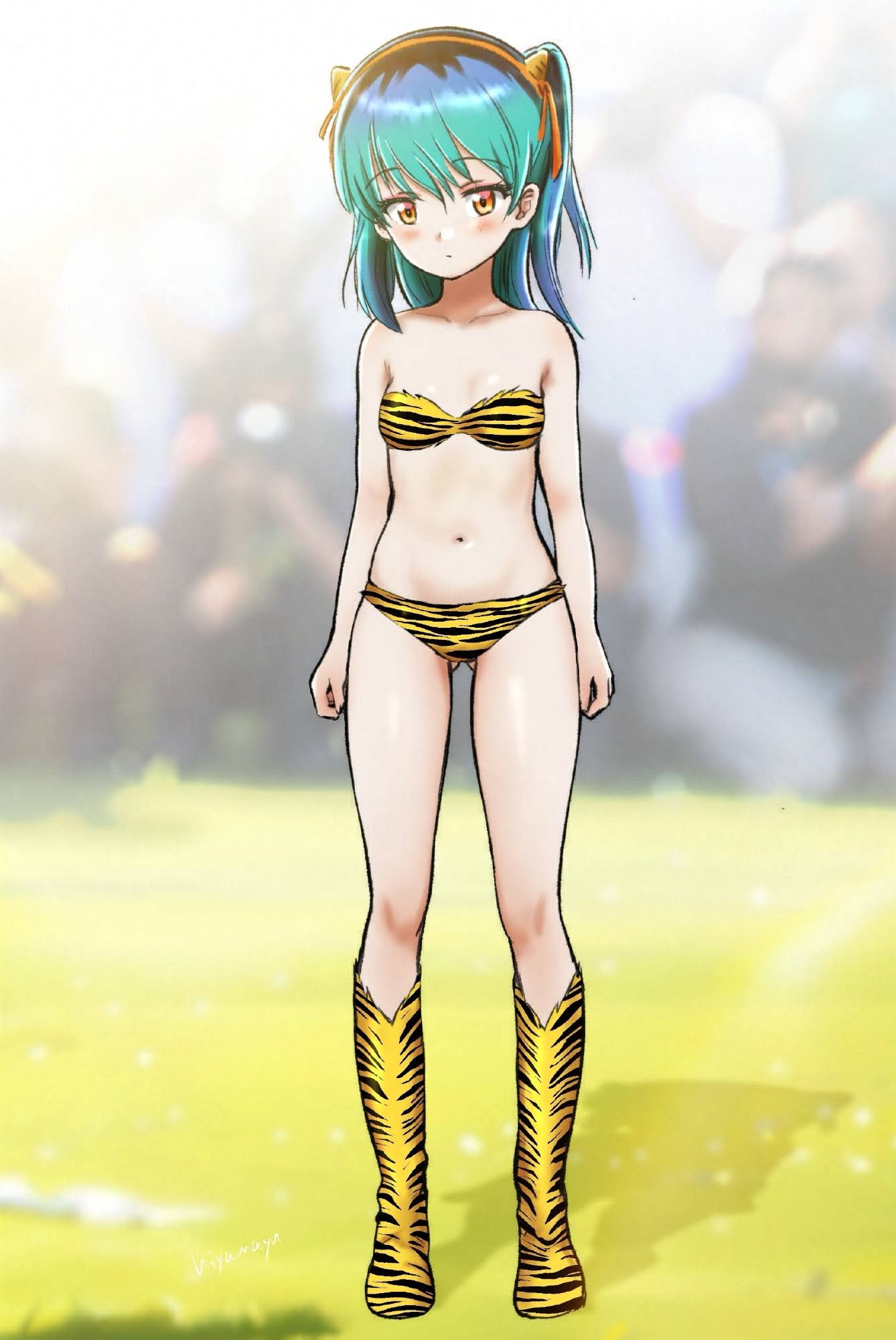 1girl animal_print bikini blush breasts cosplay full_body girls_und_panzer highres hiyama_yuu_(wee259hiyama) lum_(cosplay) medium_hair navel print_bikini shimada_arisu small_breasts solo standing swimsuit tiger_print tiger_stripes urusei_yatsura
