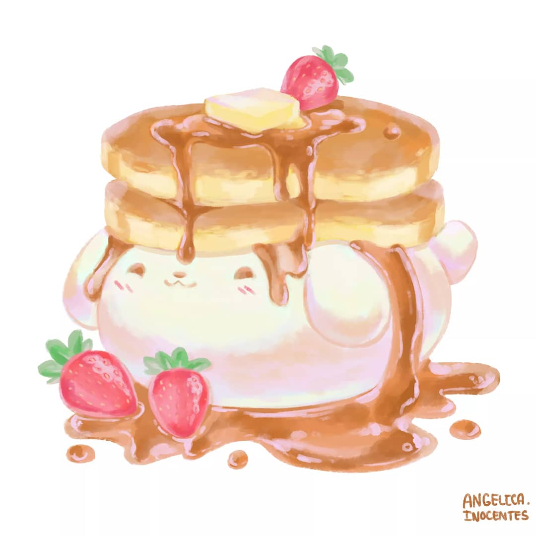 :3 animal animal_focus artsyinnocence blush butter chocolate_syrup closed_mouth commentary english_commentary food fruit no_humans omori pancake pancake_bunny_(omori) pancake_stack rabbit simple_background solo strawberry white_background white_rabbit_(animal)
