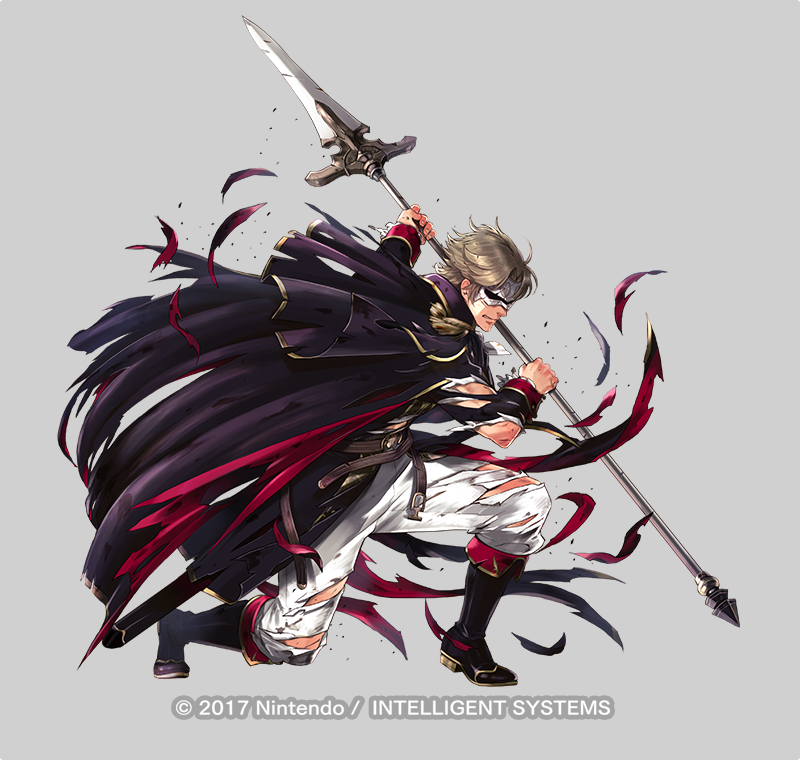 1boy belt blonde_hair boots camus_(fire_emblem) cape epaulettes fire_emblem fire_emblem:_mystery_of_the_emblem fire_emblem:_new_mystery_of_the_emblem fire_emblem_heroes full_body grey_background male_focus mask nintendo official_art polearm solo spear sword teeth torn_clothes weapon