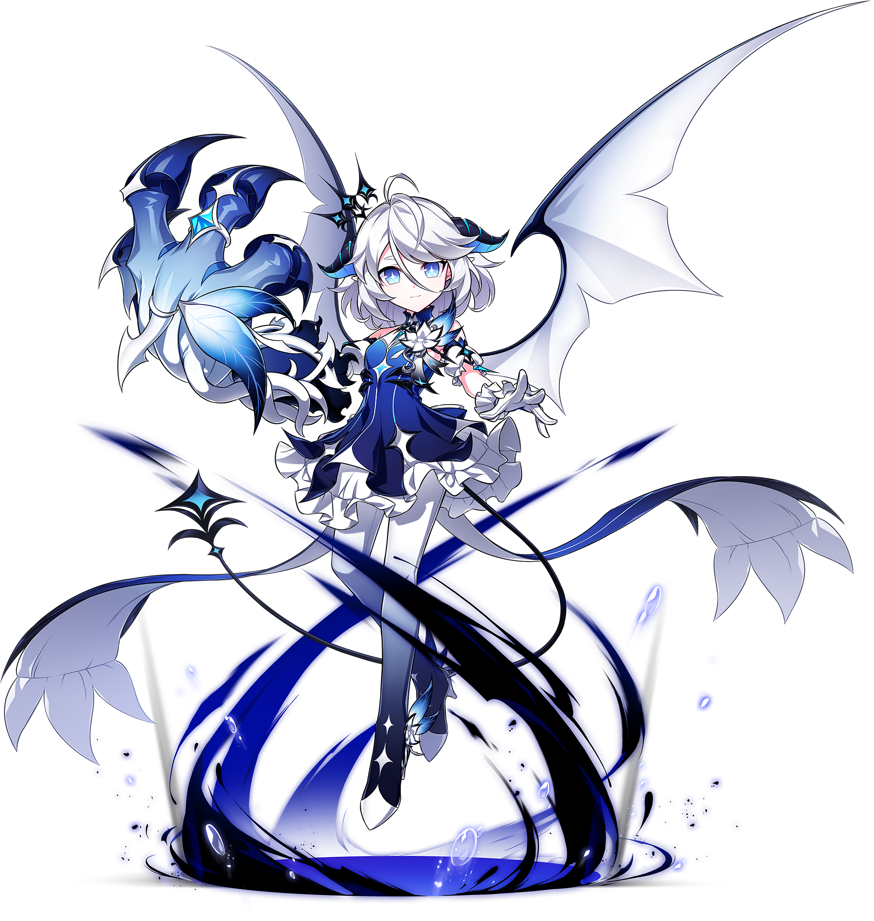 ahoge artist_request bare_shoulders black_horns blue_dress blue_eyes blue_pantyhose bright_pupils brooch bubble closed_mouth coattails demon_girl demon_horns demon_wings dress elsword expressionless floating floating_clothes flower flower_brooch frilled_dress frilled_gloves frills gloves gradient_pantyhose high_heels highres horns huge_claws looking_at_viewer loose_hair_strand luciela_r._sourcream magic official_art pantyhose second-party_source shoes short_dress single_glove sleeveless sleeveless_dress stiletto_heels tachi-e transparent_background white_flower white_gloves white_pantyhose white_pupils white_shoes white_wings wings