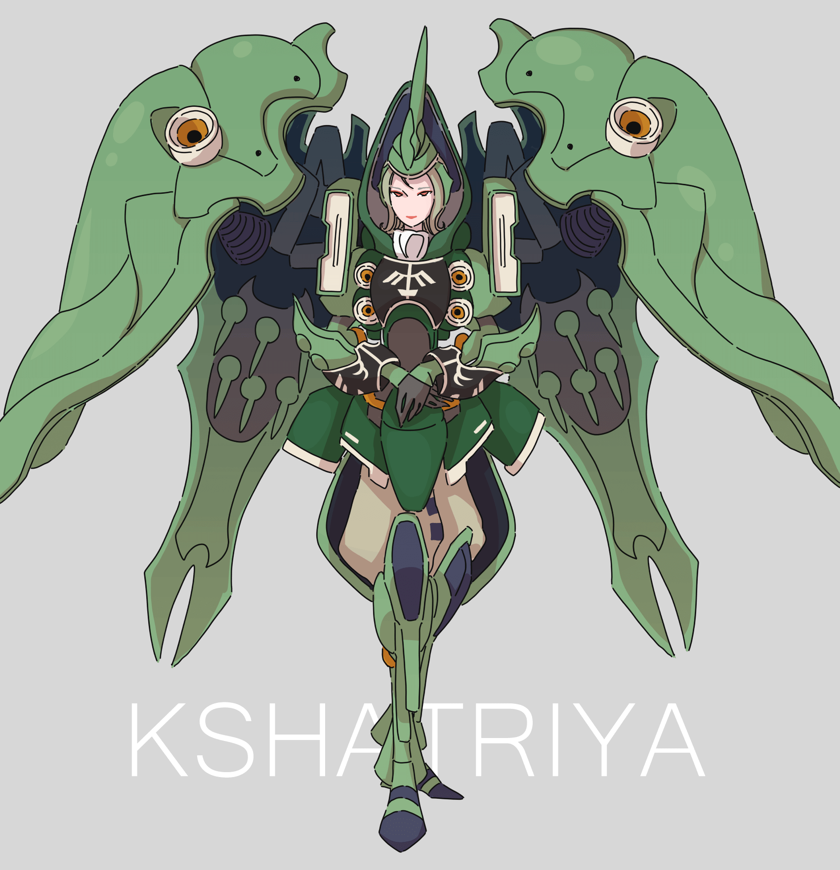 1girl 8823 armored_boots boots brown_pants character_name crossed_arms full_body green_boots grey_background gundam gundam_unicorn highres humanization knee_boots kshatriya mecha_musume orange_eyes pants red_lips simple_background smile solo standing vernier_thrusters