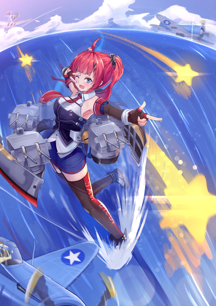 1girl ahoge aircraft airplane azur_lane bare_shoulders blue_eyes breasts detached_sleeves gloves kyuuri_no_tsukemono large_breasts long_hair necktie open_mouth red_hair retrofit_(azur_lane) san_diego_(azur_lane) san_diego_(retrofit)_(azur_lane) skirt smile solo star_(symbol) thighhighs twintails water