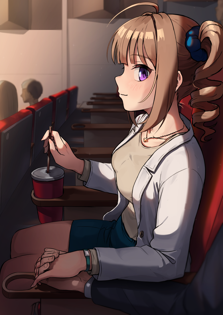 1boy 1girl ahoge blush breasts cup disposable_cup holding_hands idolmaster idolmaster_million_live! indoors interlocked_fingers jacket jewelry kamille_(vcx68) light_smile looking_at_viewer medium_breasts movie_theater necklace people purple_eyes redrawn shirt side_ponytail sideways_glance sitting solo_focus white_jacket yokoyama_nao