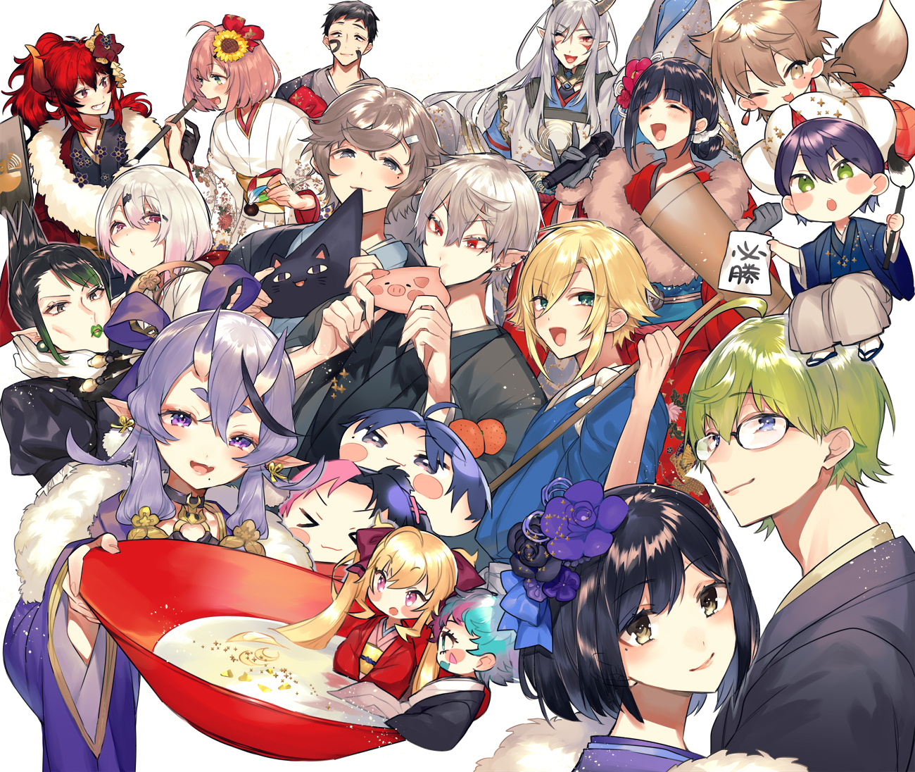 >_< 6+boys 6+girls :d :o ^_^ alternate_costume aqua_hair aqua_lips arm_up biting black_choker black_flower black_hair black_kimono blonde_hair blue_bow blue_eyes blue_kimono blue_sash blue_shirt blush blush_stickers bow brown_eyes brown_hair calligraphy_brush choker closed_eyes closed_mouth colored_tips commentary_request cropped_torso crossed_bangs cup disembodied_head dola_(nijisanji) dot_nose earrings facial_mark feather_boa floral_print floral_print_kimono flower folded_ponytail food food_on_head fox_tail fruit fruit_on_head fur-trimmed_gloves fur_trim fushimi_gaku glasses gloves green_eyes green_hair green_lips grey_gloves grey_hair grey_horns grey_kimono grey_pants grin hair_bow hair_bun hair_flower hair_ornament hairclip hakama hakama_pants hanabatake_chaika hanabatake_chaika_(1st_costume) hand_on_own_chin hands_up happi harusaki_air holding holding_calligraphy_brush holding_cup holding_mallet holding_microphone holding_paintbrush holding_paper honma_himawari horns in_container in_cup ink_on_face japanese_clothes jewelry joe_rikiichi kanae_(nijisanji) kenmochi_touya kimono kine kotobuki_(medetai) kuzuha_(nijisanji) layered_shirt light_particles lipstick long_hair looking_at_another looking_at_viewer makeup mallet microphone mini_person minigirl mole mole_under_eye mole_under_mouth multicolored_hair multiple_boys multiple_girls naruse_naru nijisanji o-ring obi obijime object_on_head one_eye_closed open_mouth orange_(fruit) orange_horns paintbrush pants paper pink_flower pink_hair pink_kimono pointy_ears ponytail print_kimono puckered_lips purple_bow purple_eyes purple_flower purple_hair purple_kimono red_bow red_eyes red_hair red_kimono rindou_mikoto rindou_mikoto_(1st_costume) sakazuki sandals sash shibuya_hajime shiina_yuika shirt shizuka_rin short_eyebrows short_hair sidelocks single_earring skin-covered_horns smile socks streaked_hair sunflower sunflower_hair_ornament suzuka_utako tail takamiya_rion tasuki translation_request twintails two-tone_hair umiyasha_no_kami uzuki_kou virtual_youtuber white_background white_gloves white_hair white_kimono white_shirt white_socks yashiro_kizuku yellow_sash