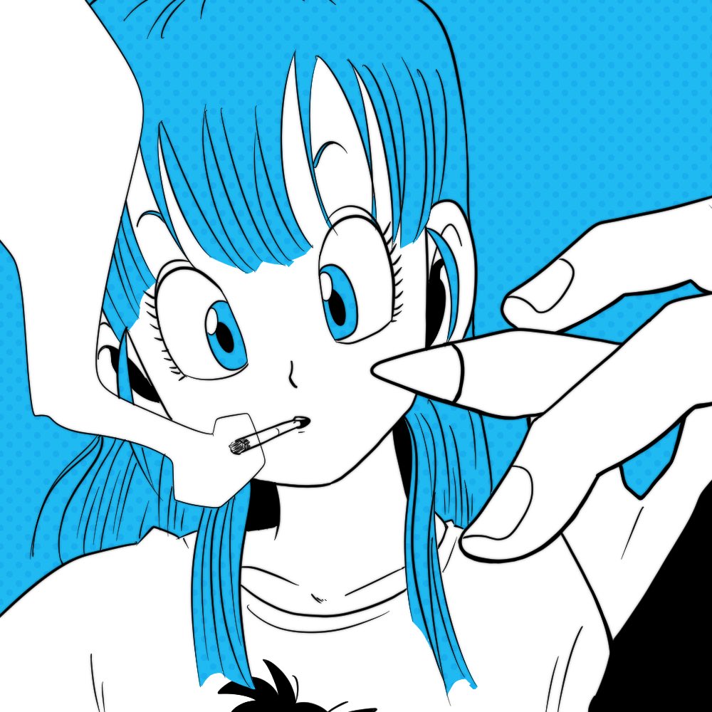 1girl blue_eyes blue_hair blue_theme bulma chankop cigarette collarbone commentary_request dragon_ball dragon_ball_(classic) holding holding_pencil long_hair looking_at_viewer pencil shirt smoke smoking solo spot_color toriyama_akira_(style) upper_body