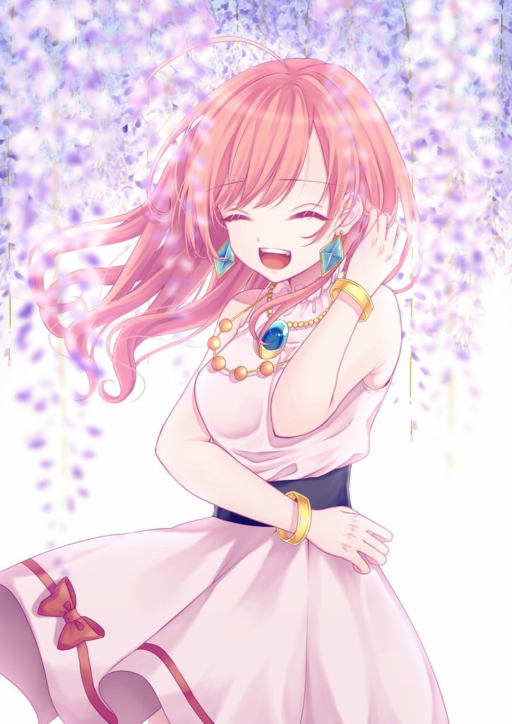 1girl :d ahoge alternate_costume belt bracelet breasts dress earrings closed_eyes hair_down hand_on_own_head jewelry light_brown_hair medium_breasts necklace open_mouth ribbon rnkgmn sleeveless sleeveless_dress smile touhou white_background yorigami_jo&#039;on