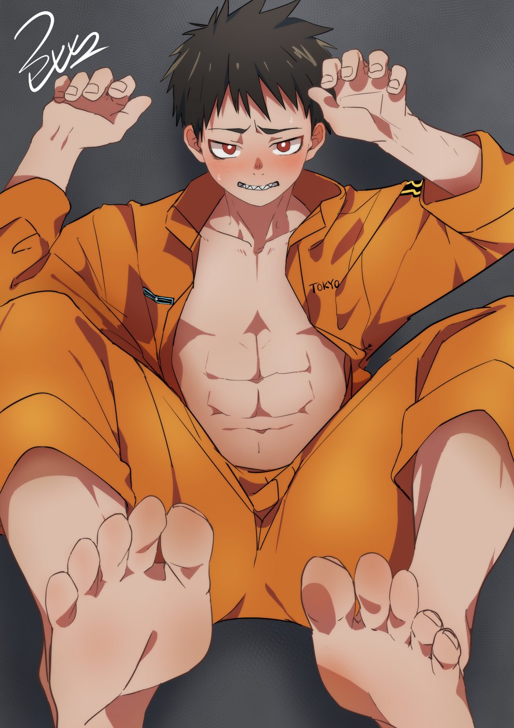 1boy barefoot batsusuke black_hair en&#039;en_no_shouboutai feet highres jumpsuit male_focus open_clothes orange_jumpsuit red_eyes shinra_kusakabe short_hair solo