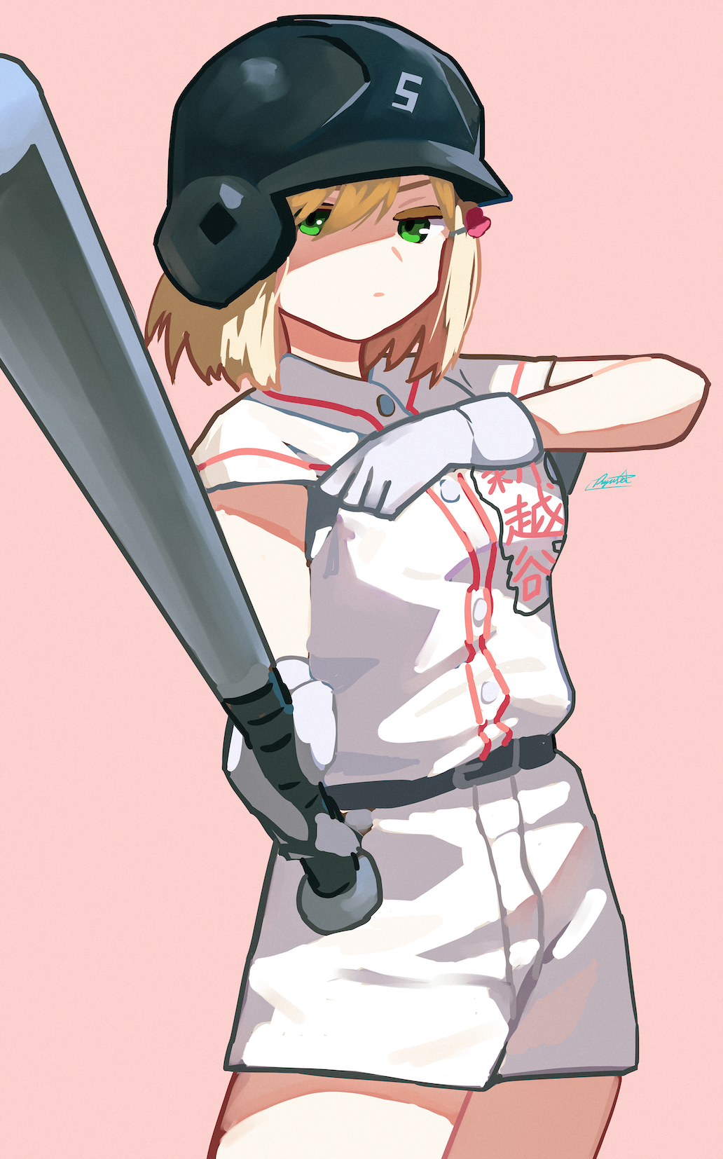 1girl adjusting_sleeves baseball_bat baseball_helmet baseball_uniform belt black_belt blonde_hair closed_mouth clothes_writing cowboy_shot gloves hair_ornament hairclip hand_up helmet highres holding holding_baseball_bat looking_at_viewer medium_hair nakamura_nozomi_(tamayomi) pink_background ryusei_hashida shirt short_sleeves shorts signature simple_background solo sportswear standing tamayomi white_gloves white_shirt white_shorts