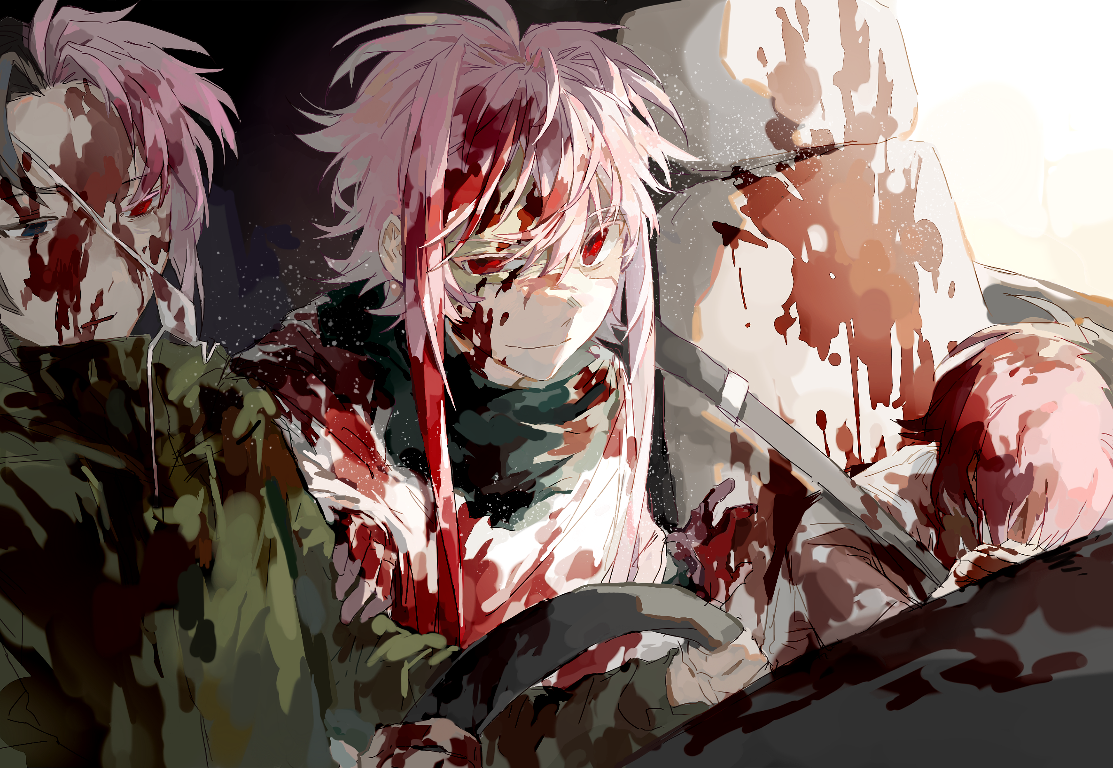 3boys absurdres black_eyes black_hair blood blood_in_hair blood_on_clothes blood_on_face brown_gloves car_interior chinese_commentary closed_mouth commentary_request curtained_hair driving gloves green_jacket hair_intakes hand_on_another's_arm heterochromia highres jacket lei_renqun_xing_shanyao_shi long_sleeves male_focus multicolored_hair multiple_boys mutsushika_misumi nanami_izu nijou_ryuu nosebleed parted_bangs parted_lips patchwork_skin pink_hair red_eyes saibou_shinkyoku shirt short_hair short_hair_with_long_locks smile split-color_hair steering_wheel two-tone_hair uneven_eyes unworn_eyewear white_shirt