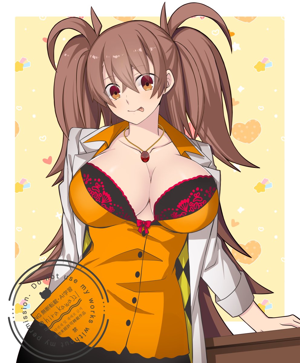 1girl :p bra breasts brown_hair dr._arach highres hirakawa jewelry lab_coat lace large_breasts long_hair looking_at_viewer necklace orange_vest simple_background thick_thighs thighhighs thighs tongue tongue_out tsukihime tsukihime_(remake) twintails underwear vest yellow_eyes zettai_ryouiki