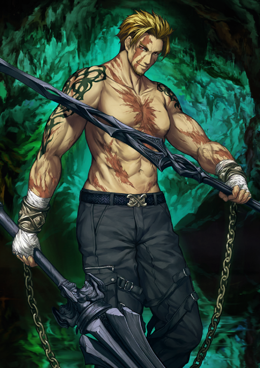 1boy abs arm_tattoo asymmetrical_dual_wielding bandaged_hand bandages belt belt_buckle beowulf_(fate) black_pants blonde_hair blue_belt buckle cave chain closed_mouth curtained_hair dual_wielding fate/grand_order fate_(series) green_background holding holding_sword holding_weapon hrunting_(fate) looking_at_viewer male_focus multiple_scars muscular muscular_male naegling_(fate) navel nipples official_art pants pectorals red_eyes scar short_hair shoulder_tattoo simosi smile solo sword tattoo third-party_source topless_male v-shaped_eyebrows variant_set weapon