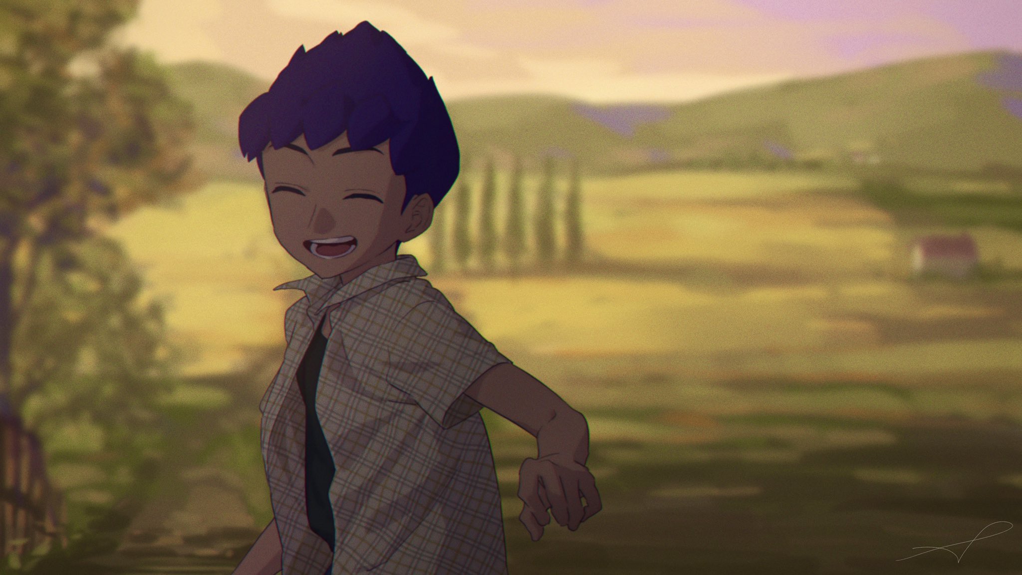 1boy :d alternate_costume blurry blurry_background closed_eyes collared_shirt dark-skinned_male dark_skin day facing_viewer game_freak highres hop_(pokemon) male_focus nintendo open_clothes open_mouth open_shirt outdoors pokemon pokemon_swsh purple_hair sankaku shirt short_hair short_sleeves smile solo teeth tongue undershirt upper_body