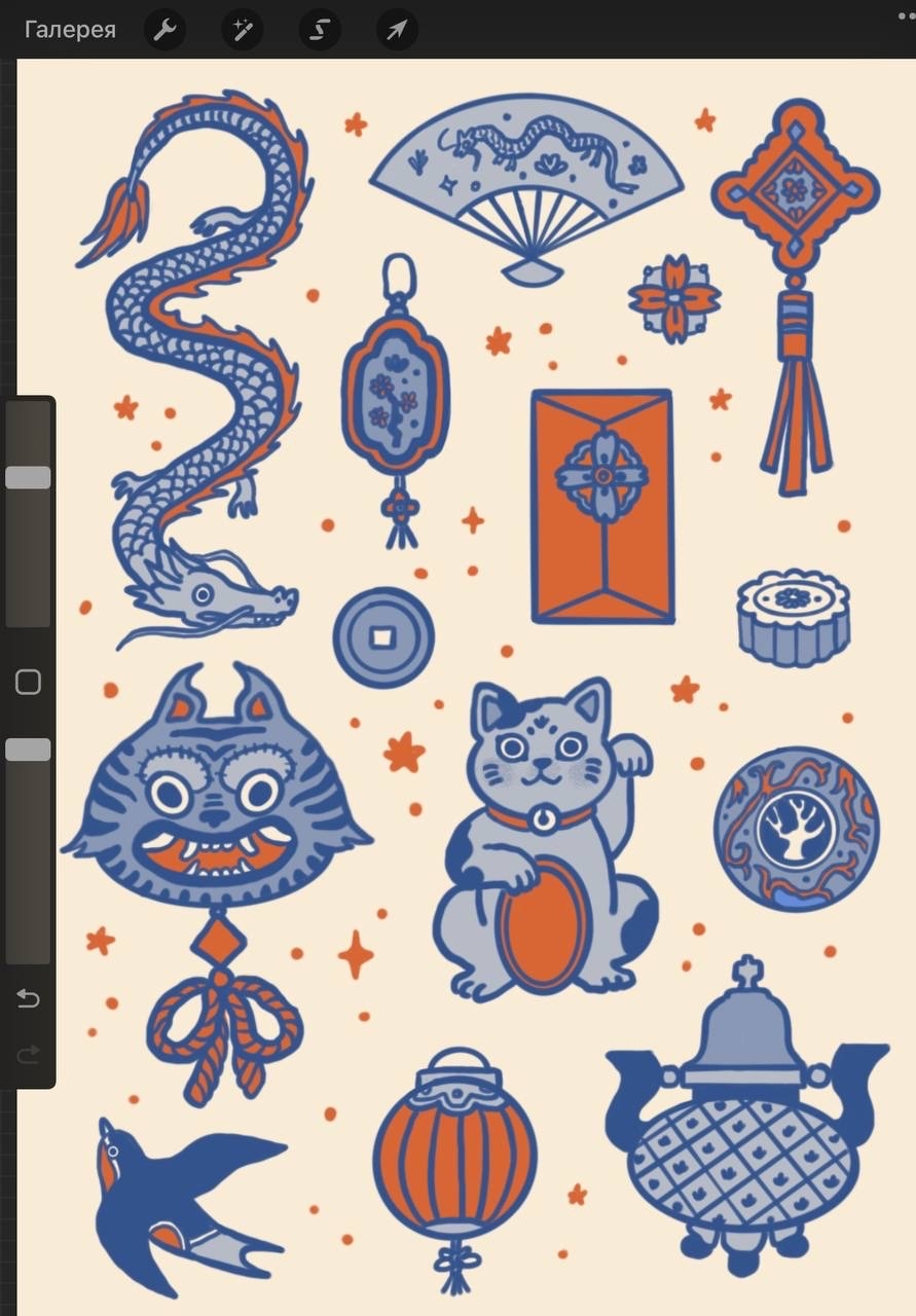 animal art_program_in_frame bird blue_outline bow cat coin dragon dragon_print eastern_dragon envelope floral_print flower folding_fan food full_body hand_fan highres holed_coin hongbao lantern maneki-neko mooncake no_humans object_focus original outline paper_fan paper_lantern paw_up red_bow russian_commentary simple_background swallow_(bird) tassel tiger triadic_colors yaroslava_murashko yellow_background