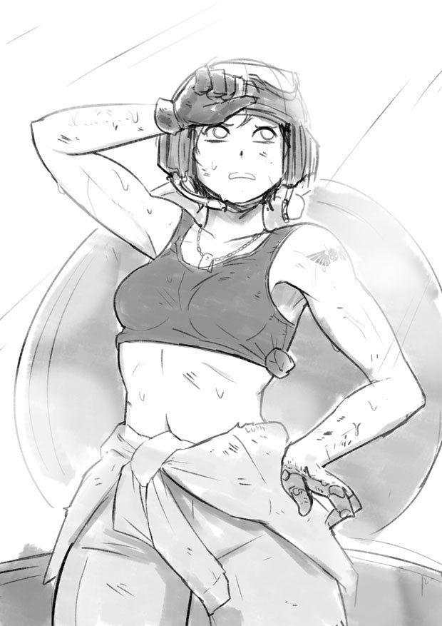 1girl aquila astra_militarum bra combat_helmet dog_tags greyscale helmet lutherniel microphone midriff military monochrome prosthesis prosthetic_fingers sleeveless sweat tattoo underwear very_sweaty warhammer_40k