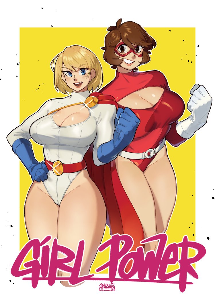 2girls artist_name belt blonde_hair blue_eyes blue_gloves blush border breasts brown_eyes brown_hair cape cleavage clenched_hand commentary commission dated dc_comics domino_mask english_commentary gloves hair_behind_ear hand_on_own_hip large_breasts leotard looking_at_viewer making-of_available mask multiple_girls original parted_lips power_girl red_belt red_cape side_cape sleeved_leotard smile snowcie snowciel_(snowcie) superhero_costume white_belt white_border white_gloves white_leotard yellow_background