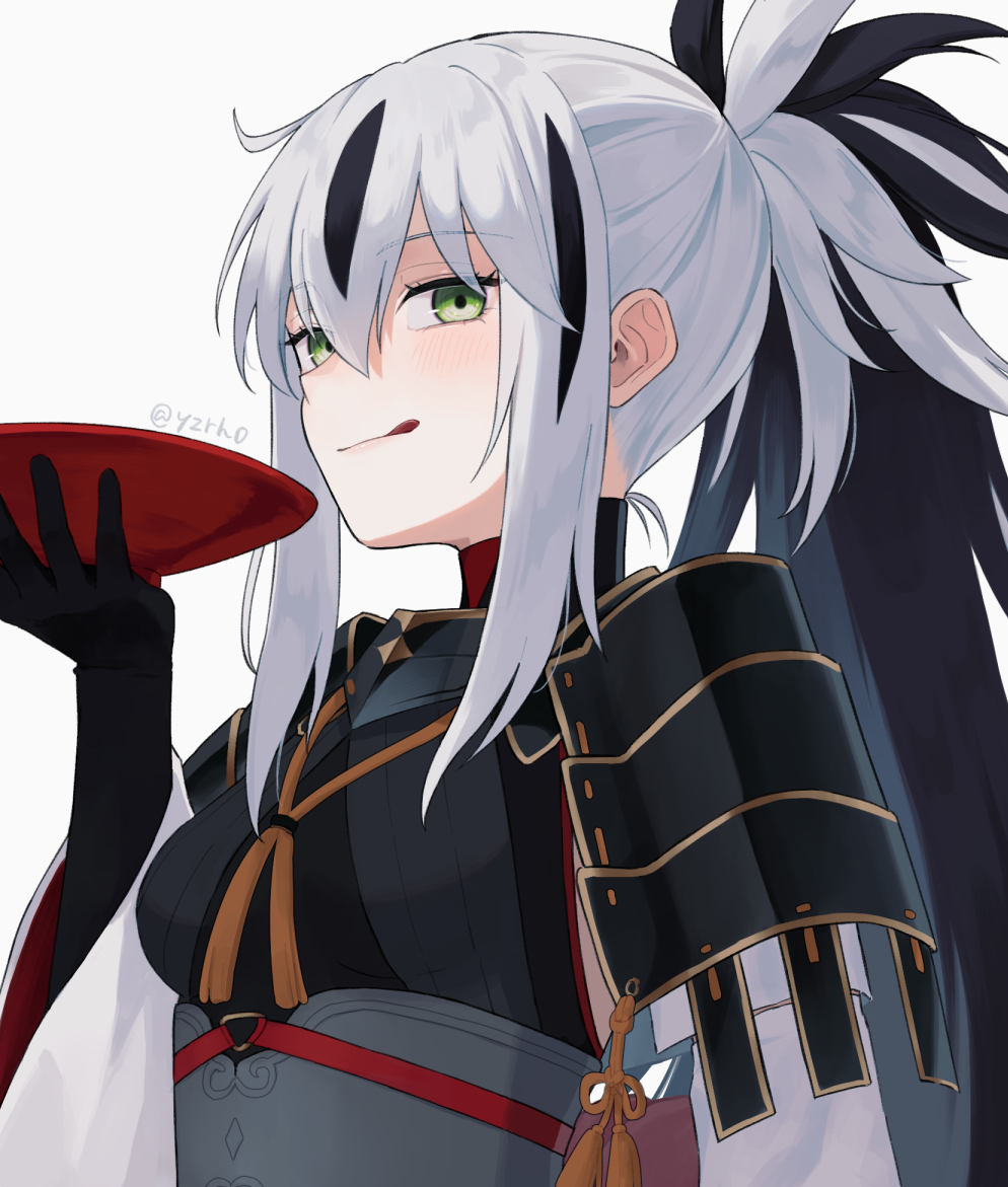 1girl armor black_gloves black_hair cup fate/grand_order fate_(series) gloves green_eyes licking_lips long_hair multicolored_hair nagao_kagetora_(fate) ponytail sakazuki shoulder_armor tongue tongue_out twitter_username two-tone_hair uesugi_kenshin_(fate) uesugi_kenshin_(first_ascension)_(fate) white_hair yzrh0