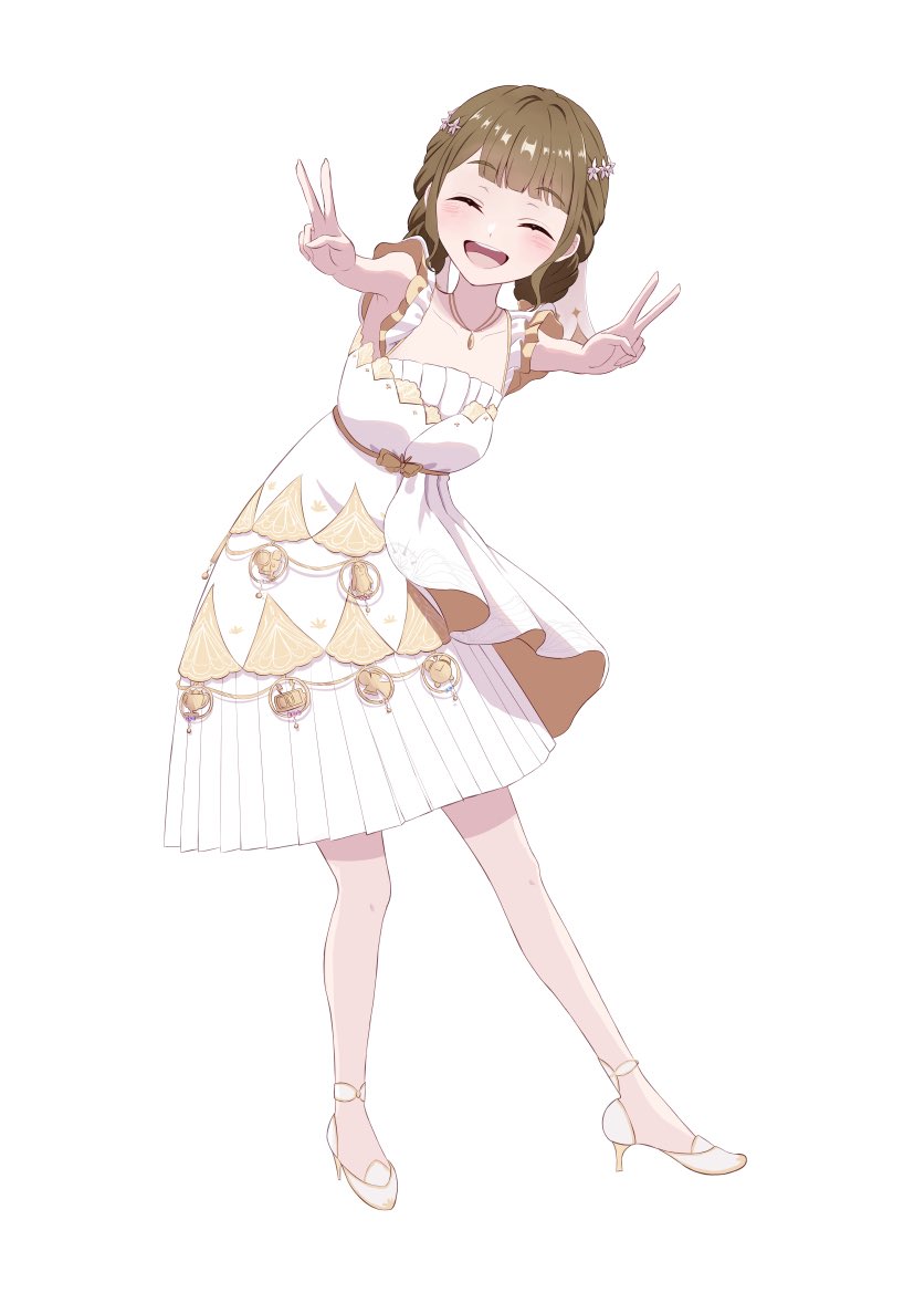 1girl 4th_live_dream_~bloom_the_dream_believers~ ^_^ blunt_bangs breasts brown_hair closed_eyes collarbone commentary_request double_v dress facing_viewer flower_stand_art frilled_dress frills full_body high_heels itsudemo_itsumademo_(love_live!) jewelry kachimachi_kosuzu leaning_to_the_side link!_like!_love_live! love_live! medium_breasts medium_dress necklace official_alternate_costume shoes short_hair sidelocks simple_background sleeveless sleeveless_dress solo stiletto_heels tachi-e v virtual_youtuber wachida_01d white_background white_dress white_shoes
