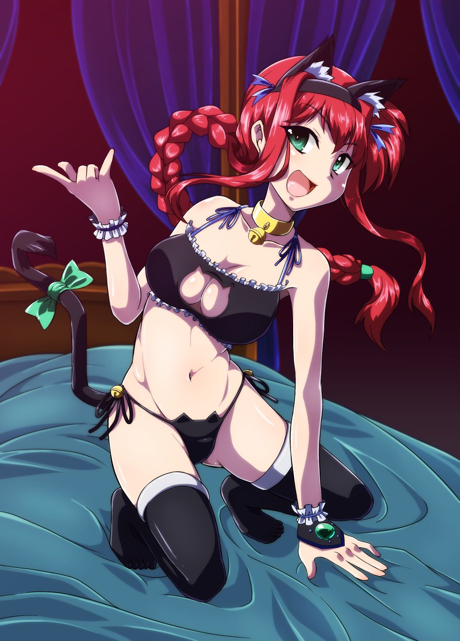 1girl :d amitie_florian animal_ears artist_collaboration bed bell black_bra black_panties black_thighhighs bra braid breasts canopy_bed cat_cutout cat_ear_panties cat_ears cat_lingerie cat_tail cleavage clothing_cutout commentary fake_animal_ears fake_tail frilled_bra frilled_cuffs frills gloves green_eyes hair_tie hakkai half_gloves highres indoors kneeling leaning_forward long_hair looking_at_viewer low_twintails lying lyrical_nanoha m/ mahou_shoujo_lyrical_nanoha mahou_shoujo_lyrical_nanoha_a&#039;s mahou_shoujo_lyrical_nanoha_a&#039;s_portable:_the_gears_of_destiny medium_hair meme_attire navel neck_bell on_back open_mouth panties red_hair san-pon side-tie_panties sidelocks single_half_glove smile solo sumino_mikan tail tappa_(esperanza) thighhighs twin_braids twintails underwear