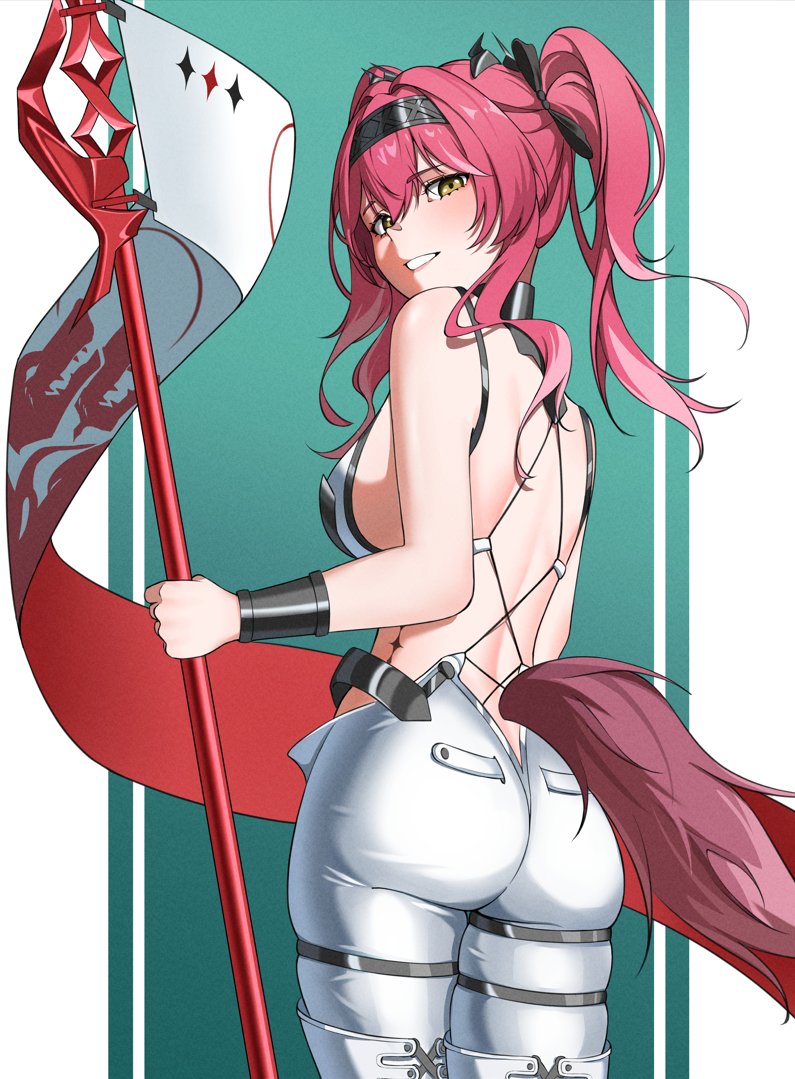 1girl ass back backless_bodysuit bare_shoulders black_bow bodysuit bow breasts cowboy_shot from_behind hair_bow hairband hazeillusts holding holding_polearm holding_weapon large_breasts light_blush long_hair looking_at_viewer looking_back lupa_(wuthering_waves) median_furrow metal_hairband multiple_hair_bows parted_lips pink_hair polearm smile solo tacet_mark_(wuthering_waves) tail toeless_bodysuit weapon white_bodysuit wolf_tail wuthering_waves yellow_eyes