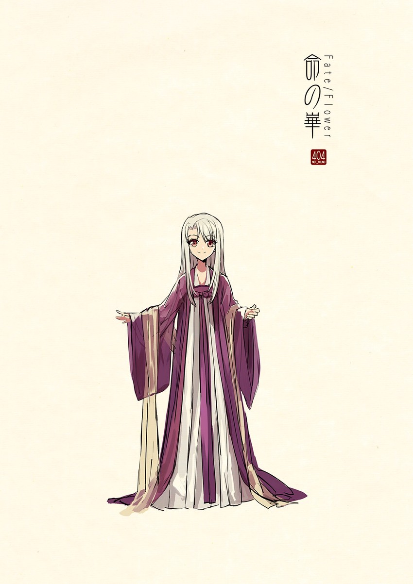1girl adapted_costume artist_name beige_background child chinese_clothes closed_mouth commentary_request concept_art copyright_name fate/stay_night fate_(series) full_body grey_hair hanfu highres illyasviel_von_einzbern logo long_hair long_sleeves looking_at_viewer outstretched_arms qixiong_ruqun red_eyes ribbon robe ruqun sash see-through_clothes shawl simple_background smile solo standing straight-on wide_sleeves zerocastle