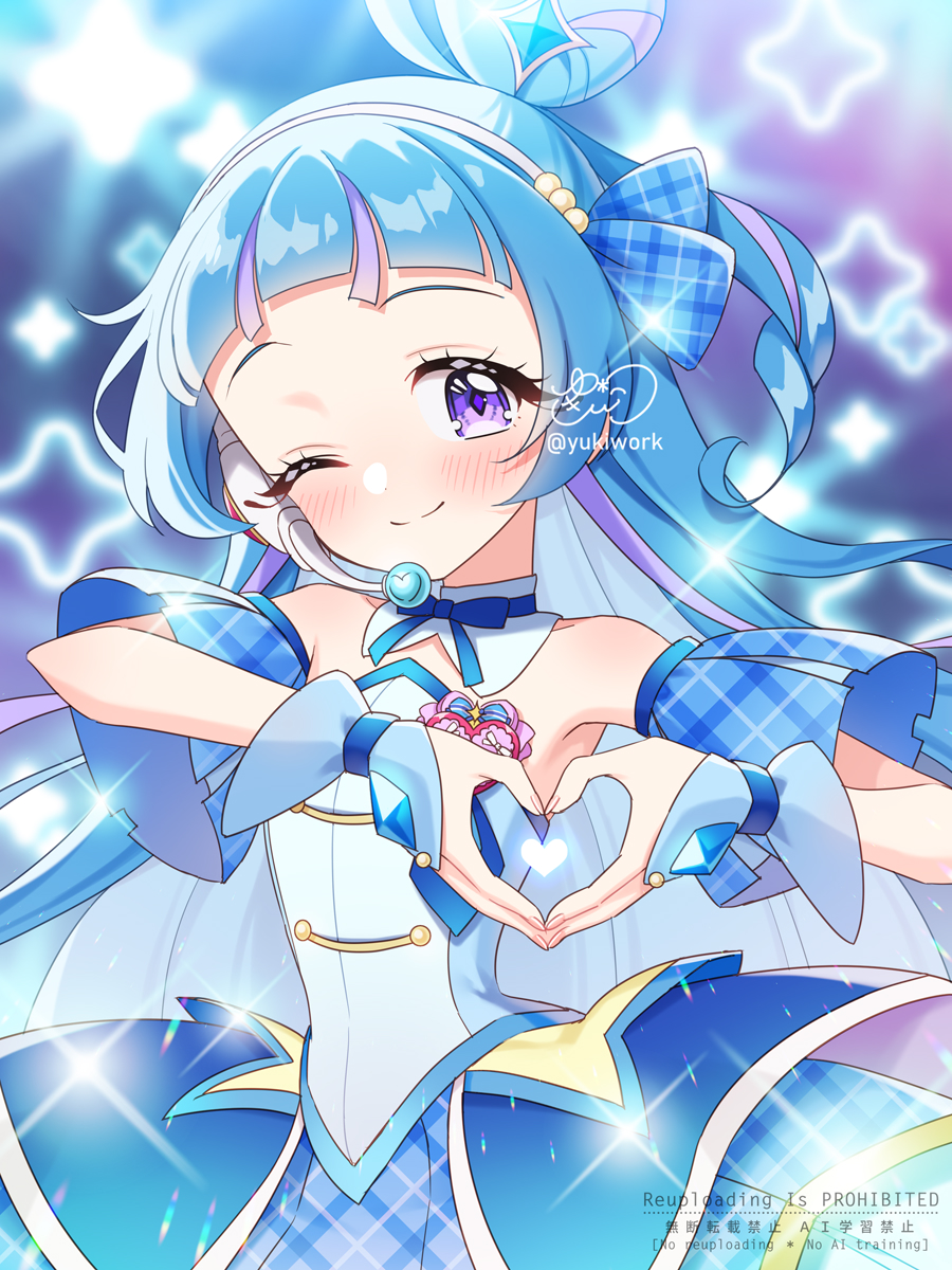 1girl aokaze_nana blue_bow blue_bowtie blue_hair blue_shirt blue_skirt blush bow bowtie brooch closed_mouth commentary cure_wink detached_collar hair_bun hairband headset heart heart_brooch heart_hair_bun heart_hands highres jewelry kimi_to_idol_precure light_smile long_hair magical_girl multicolored_hair one_eye_closed precure purple_eyes shirt signature skirt solo strapless strapless_shirt twitter_username two-tone_hair white_hairband wrist_cuffs yukinko_(yukiwork)