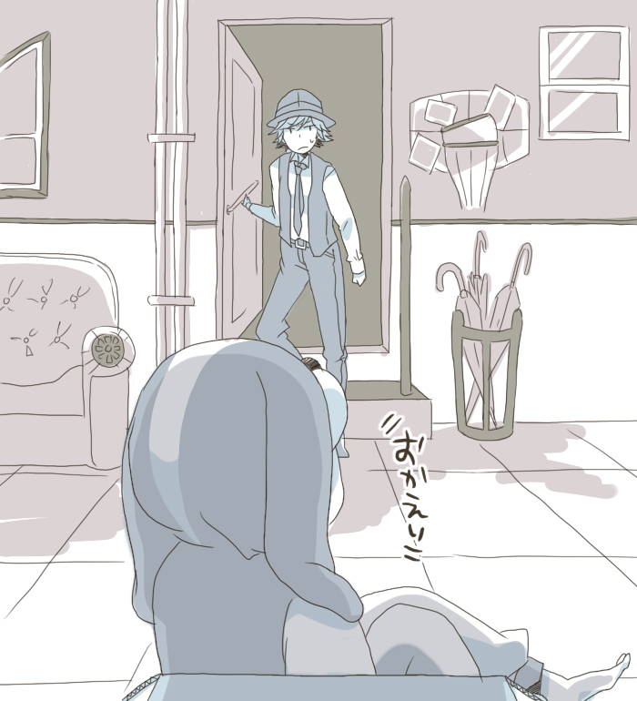 1girl 2boys animal_costume bad_id bad_pixiv_id belt box couch dog_costume door from_behind hat hidari_shoutarou in_box in_container izumi_kirifu kamen_rider kamen_rider_w male_focus monochrome multiple_boys necktie open_door original philip philip_(kamen_rider) standing sweatdrop translation_request umbrella window