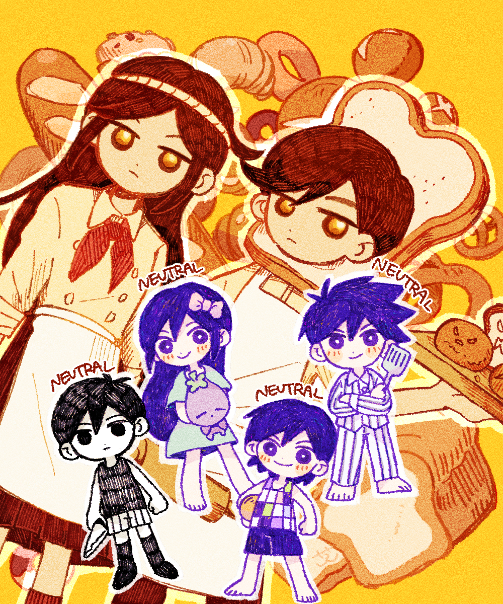 2girls 4boys aubrey_(headspace)_(omori) aubrey_(omori) baguette ball barefoot biscuit_(omori) black_eyes black_hair blue_shirt blush bow bread bread_slice brown_eyes brown_hair chibi closed_mouth colored_skin croissant doughie_(omori) expressionless food hair_bow hero_(headspace)_(omori) hero_(omori) highres holding holding_ball holding_knife holding_spatula holding_stuffed_toy kel_(headspace)_(omori) kel_(omori) knife loaf_of_bread long_hair long_sleeves looking_at_viewer multiple_boys multiple_girls o_tori_mhyk omori omori_(omori) pajamas pink_bow purple_eyes purple_hair sesame_(omori) shirt short_hair short_sleeves slice_(omori) smile spatula striped_pajamas stuffed_eggplant stuffed_toy vertical-striped_clothes vertical-striped_pajamas white_skin