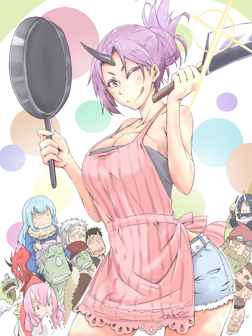 1other 2girls 6+boys ;q alternate_costume apron bare_shoulders belt benimaru_(tensura) black_horns blue_shorts breasts carrying cleavage clenched_teeth crop_top cutoffs denim denim_shorts dord fleeing frying_pan garm_(tensei_shitara_slime_datta_ken) gobta_(tensura) hakuro_(tensura) horn horns kaijin_(tensura) knife kurobe_(tensura) large_breasts looking_at_viewer multiple_boys multiple_girls myrd ninja one_eye_closed oni oni_girl oni_horn oni_horns pink_apron purple_eyes purple_hair rigur rigurd_(tensura) rimuru_tempest shion_(tensura) short_shorts shorts shoulder_carry shuna_(tensura) single_horn solo_focus soei_(tensura) strapless sweatdrop teeth tensei_shitara_slime_datta_ken tongue tongue_out tube_top user_ggvk4744 white_horns