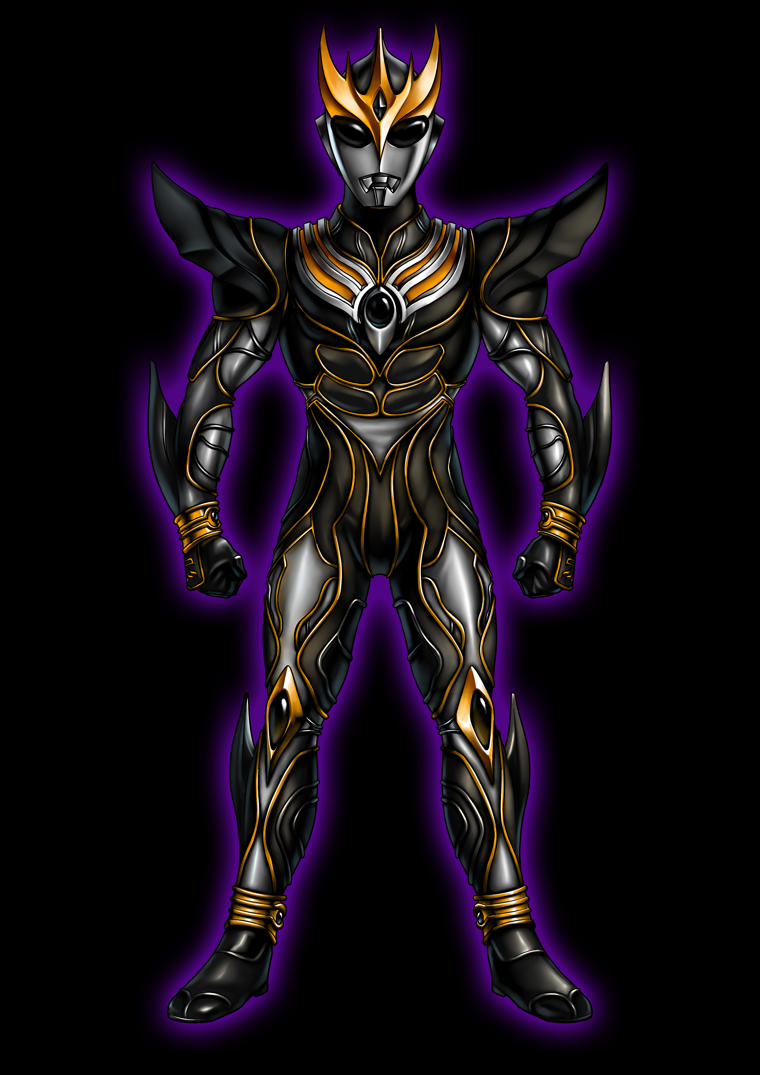 1boy abs absurdres alien alternate_design armor aura black_armor black_background black_eyes black_gauntlets black_gemstone black_skin breastplate clenched_hands color_timer colored_skin commentary compound_eyes crossover dorsal_fin forehead_jewel full_body fusion gauntlets gem gold_horns gold_trim highres horns kamen_rider kamen_rider_kuuga kamen_rider_kuuga_(series) kamen_rider_kuuga_(ultimate_form) knee_pads legs_apart looking_at_viewer male_focus multicolored_skin muscular muscular_male neofrontier outline pectorals purple_aura shoulder_armor shoulder_pads silver_skin simple_background solo spikes stag_beetle standing tokusatsu trait_connection ultra_series ultraman_tiga ultraman_tiga_(series) ultraman_tiga_(tiga_dark)