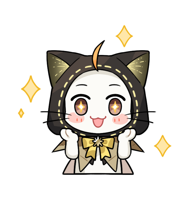 +_+ ahoge animal animal_focus artist_request black_cloak blush_stickers bow bowtie brooch brown_capelet brown_eyes capelet cat cloak clothed_animal cropped_torso ear_covers excited hood hood_up hooded_capelet infinity_nikki jewelry momo_(nikki) nikki_(series) no_humans official_alternate_costume official_art open_mouth ribbon-trimmed_hood smile sparkle sparkling_eyes star_brooch straight-on transparent_background whiskers white_cat yellow_bow yellow_bowtie