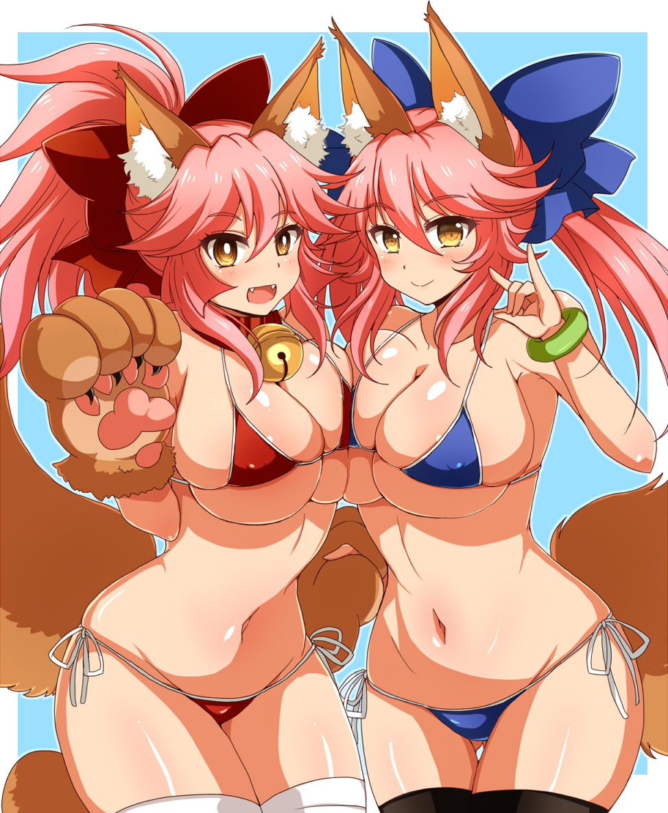 2girls afuro animal_ears animal_hands bell bikini black_legwear blue_bikini blush breast_press breasts cat_paws cleavage closed_mouth collar collarbone commentary_request dual_persona fangs fate/grand_order fate_(series) fox_ears fox_shadow_puppet fox_tail gloves groin hair_ribbon jingle_bell large_breasts long_hair looking_at_viewer multiple_girls navel neck_bell open_mouth paw_gloves paw_shoes pink_hair ponytail ribbon shoes side-tie_bikini_bottom swimsuit symmetrical_docking tail tamamo_(fate) tamamo_cat_(fate) tamamo_no_mae_(fate/extra) white_legwear yellow_eyes