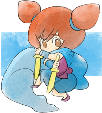 1girl ana_(warioware) blue_scarf brown_eyes child double_bun hair_bun holding holding_sword holding_weapon looking_at_viewer lowres nintendo official_art orange_hair purple_footwear purple_shirt scarf shirt sword takeuchi_kou third-party_source warioware warioware:_get_it_together! weapon