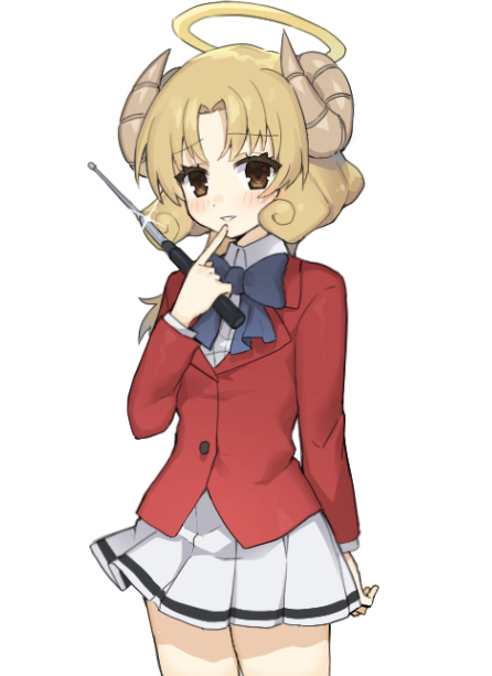 1girl baton_(weapon) blonde_hair bokusatsu_tenshi_dokuro-chan bow bowtie brown_eyes eguegukun expandable_baton halo horns jacket looking_at_viewer mihashigo_sabato miniskirt pleated_skirt red_jacket school_uniform shirt simple_background skirt traditional_halo weapon white_background white_shirt white_skirt yellow_halo