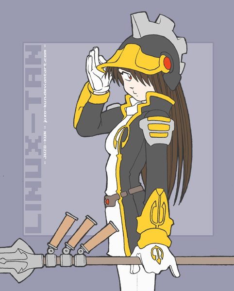 1girl arm_up artist_name brown_hair character_name cowboy_shot female_focus from_side gloves hair_over_one_eye helmet holding holding_weapon jacket juzo-kun kde linux linux-tan long_hair long_sleeves looking_at_viewer looking_to_the_side open_clothes open_jacket os-tan pants red_eyes solo weapon white_gloves white_pants