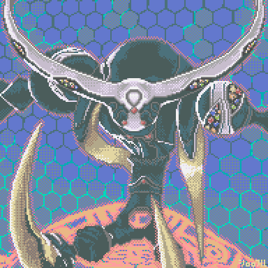 .hack// .hack//g.u. 1other artist_name black_skin blue_background colored_skin commentary_request cyberspace extra_eyes feet_out_of_frame grey_horns honeycomb_(pattern) honeycomb_background horns hunched_over looking_at_viewer lowres outstretched_arms pixel_art shirorofuru skeith_(.hack//)