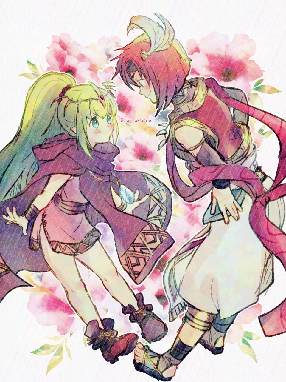 1boy 1girl blue_eyes blush closed_mouth commentary_request eye_contact feather_hair_ornament feathers fire_emblem fire_emblem:_mystery_of_the_emblem floral_background flower green_hair hair_ornament high_ponytail highres long_hair looking_at_another medium_hair nintendo nishimura_(shinchinagachi) pants pink_flower ponytail red_hair red_shawl shawl smile tiara tiki_(fire_emblem) tiki_(young)_(fire_emblem) toeless_footwear white_background white_pants xane_(fire_emblem)