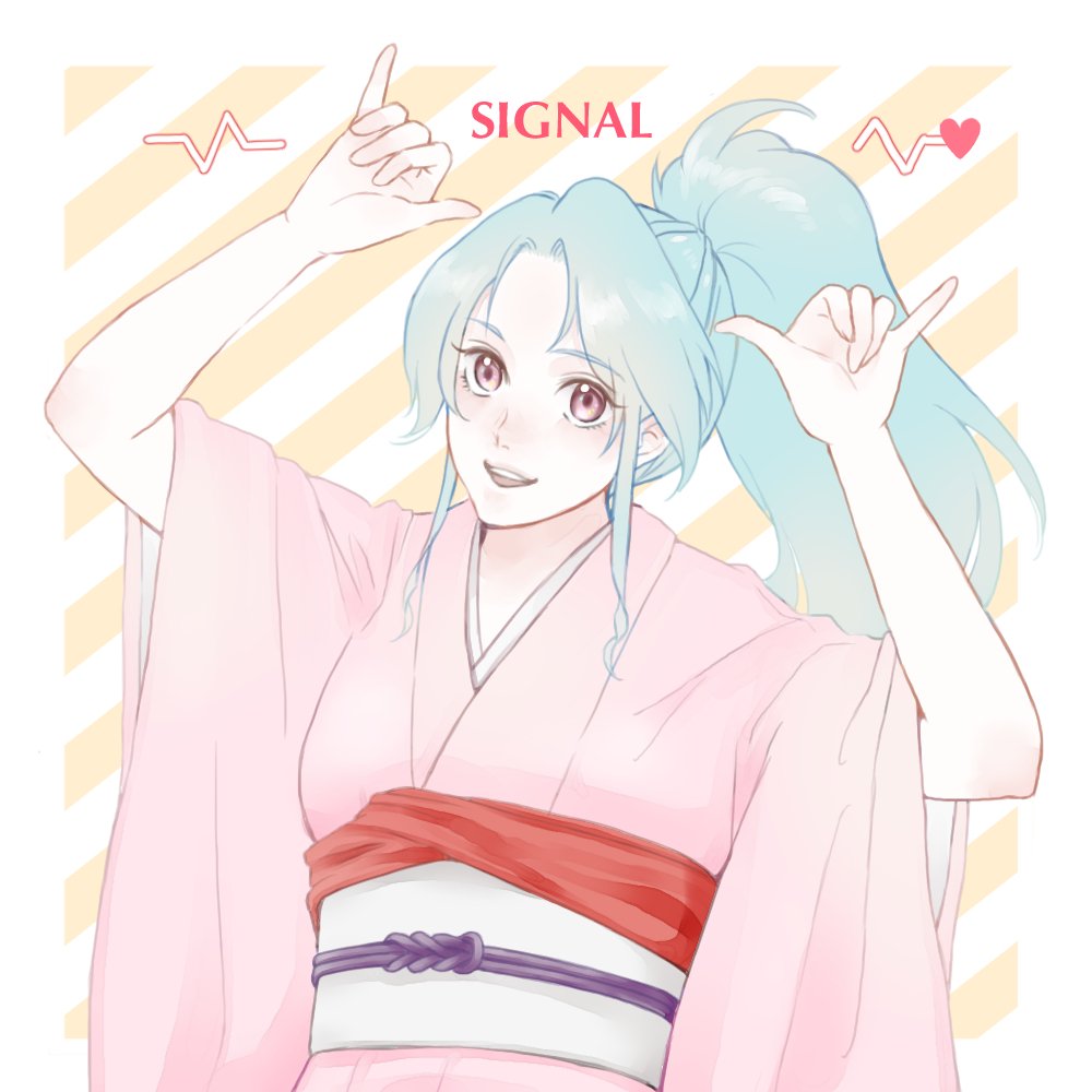 1girl aqua_hair arms_up botan_(yu_yu_hakusho) commentary_request eyelashes japanese_clothes kimono obi open_mouth pink_kimono ponytail sash sidelocks smile solo upper_body wide_sleeves yuri_kohi yuu_yuu_hakusho