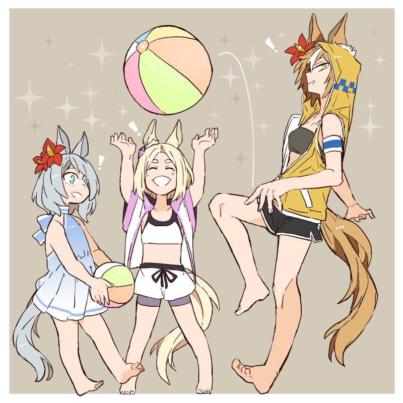 ! 3girls aged_down alternate_costume animal_ears asuka_(junerabitts) ball barefoot beachball bikini black_bikini blonde_hair blue_one-piece_swimsuit border brown_background brown_hair dictus_striker_(umamusume) ear_flower ears_through_headwear from_side full_body gradient_one-piece_swimsuit gradient_swimsuit grey_hair hishi_miracle_(umamusume) hood hooded_jacket horse_ears horse_girl horse_tail jacket looking_at_another looking_at_viewer looking_to_the_side multicolored_hair multiple_girls narita_top_road_(umamusume) one-piece_swimsuit parted_bangs short_hair simple_background swimsuit tail two-tone_hair umamusume umamusume:_cinderella_gray white_border white_hair yellow_jacket