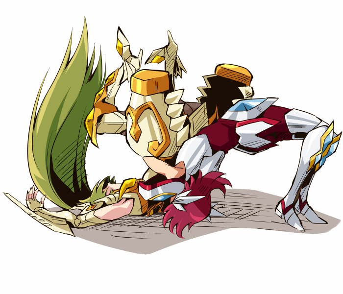 10s 1boy 1girl armor gallia_(saint_seiya_omega) german_suplex green_hair long_hair mochimako_(mushikera_hoi2) pegasus_koga red_hair saint_seiya saint_seiya_omega short_hair simple_background suplex white_background