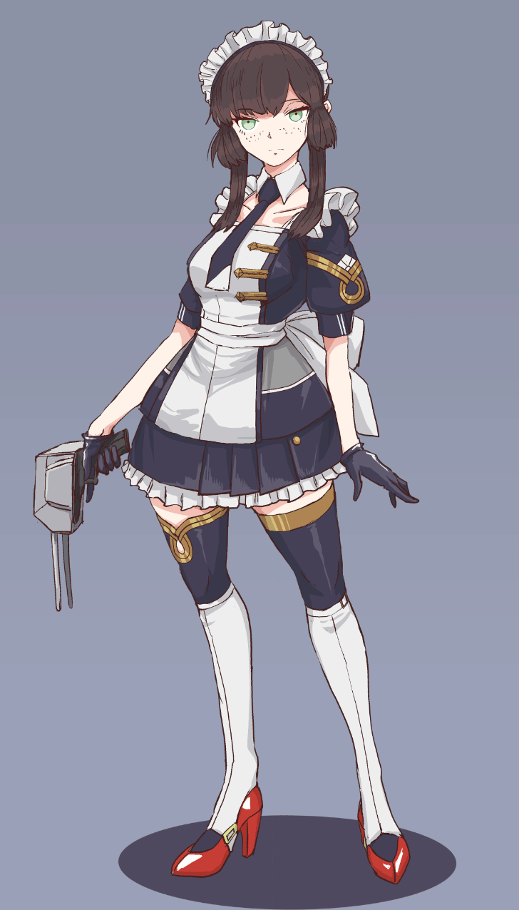 1girl adapted_costume adapted_turret alternate_costume apron black_dress black_hair black_necktie black_thighhighs blunt_sidelocks boushi-ya dress enmaided freckles full_body green_eyes grey_background highres kantai_collection long_hair looking_at_viewer maid maid_headdress mogador_(kancolle) necktie sidelocks simple_background solo thighhighs white_apron