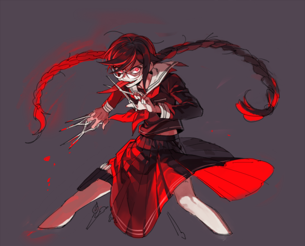 1girl black_hair black_serafuku black_shirt black_skirt blood bloody_weapon braid commentary cowboy_shot cropped_legs danganronpa:_trigger_happy_havoc danganronpa_(series) dg_xhs fighting_stance floating_clothes floating_hair fukawa_toko genocider_shou glasses grey_background holding holding_scissors long_hair long_sleeves long_tongue looking_at_viewer neckerchief open_mouth pleated_skirt red_eyes red_neckerchief round_eyewear sailor_collar school_uniform scissors serafuku shirt simple_background skirt smile solo standing symbol-only_commentary tongue tongue_out twin_braids very_long_hair weapon white_sailor_collar