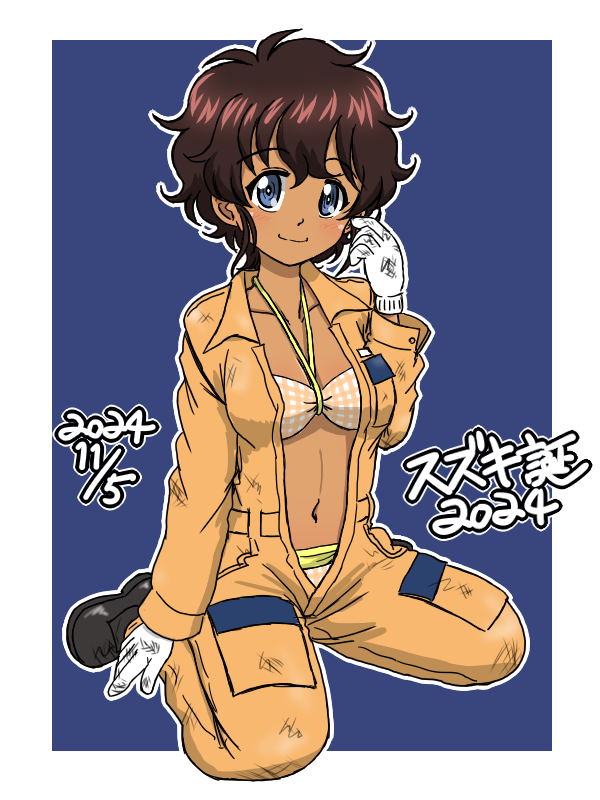 1girl 2024 bikini bikini_under_clothes black_shoes blue_background blue_eyes breasts brown_hair character_name closed_mouth commentary dark-skinned_female dark_skin dated dirty dirty_clothes full_body girls_und_panzer gloves halterneck jumpsuit looking_at_viewer medium_breasts navel orange_jumpsuit outline shoes short_hair sitting smile solo suzuki_(girls_und_panzer) swimsuit takahashi_kurage unzipped wariza white_gloves white_outline yellow_bikini
